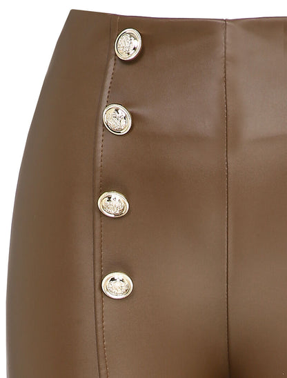 Pantalon en simili à détail boutons - Marron - 3
