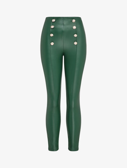 Pantalon en simili à détail boutons - Vert foncé - 1