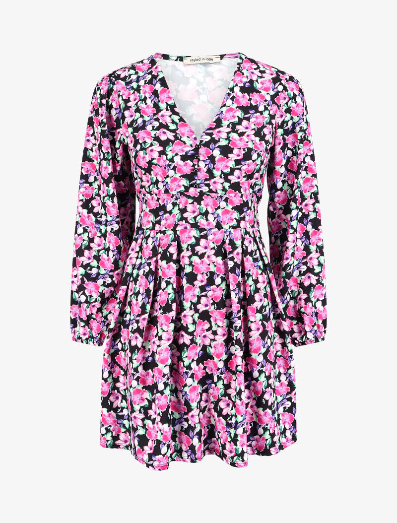 Robe col V à motif à fleurs - Noir - 4