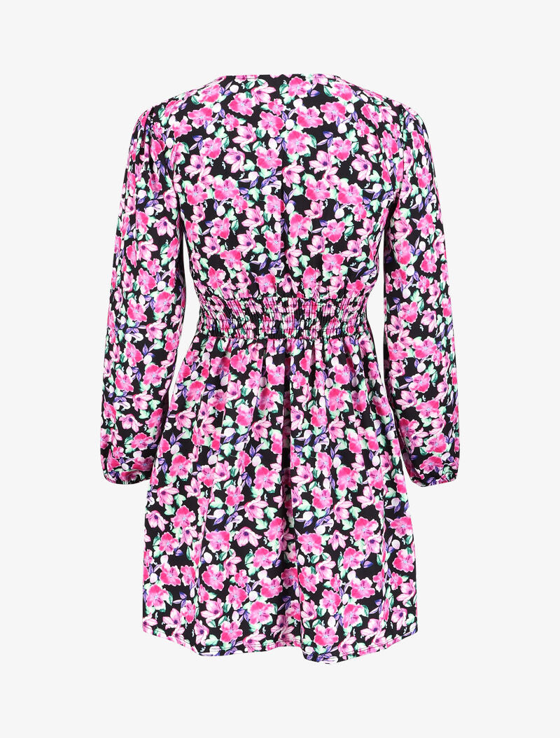 Robe col V à motif à fleurs - Noir - 2
