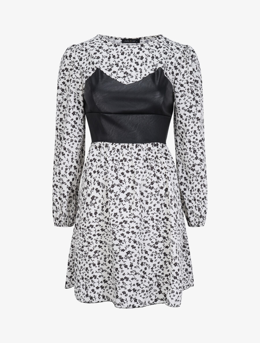 Robe à buste en simili et imprimé petites fleurs - Écru - 1