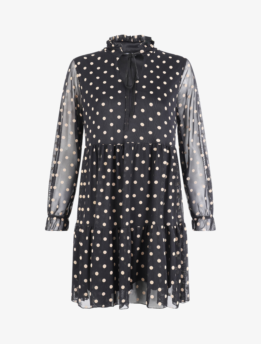 Robe plumetis à col volanté - Beige - 4