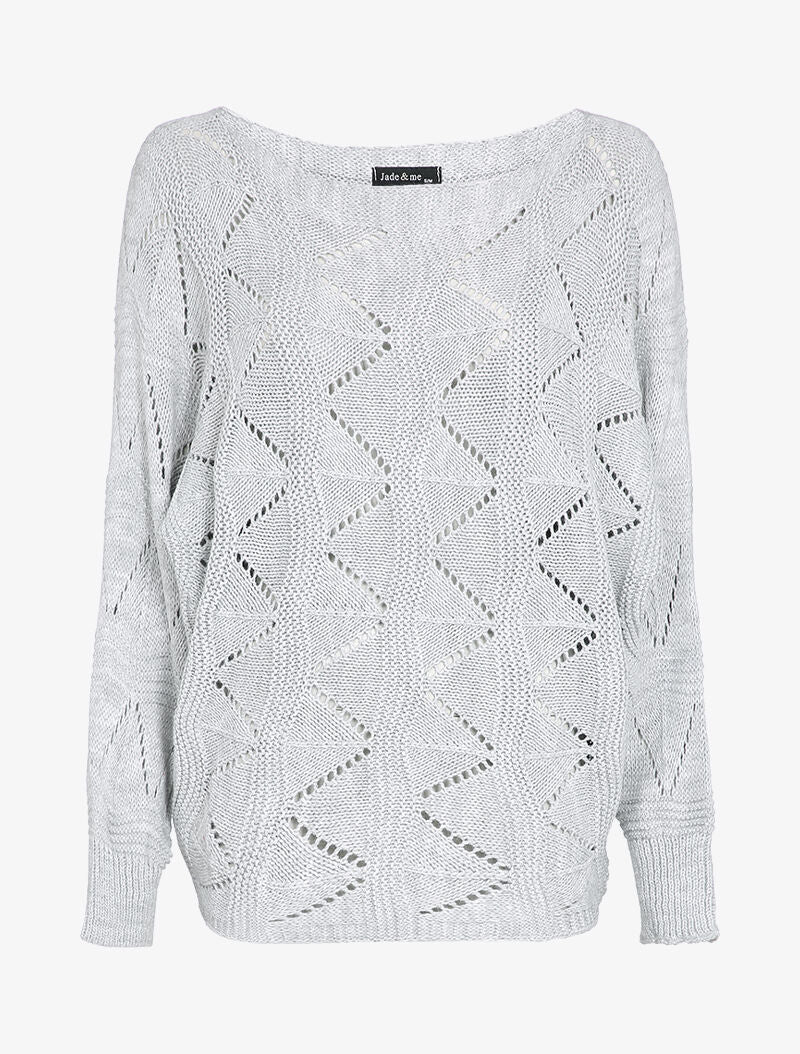 Pull loose en maille geométrique ajourée - Gris clair - 1