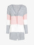 Gilet mi-long à capuche en maille tressée rayée - Rose - 1