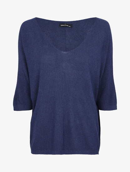 Pull loose en maille fine à manches 3/4 - Marine - 4