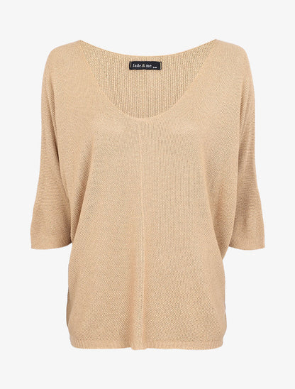Pull loose en maille fine à manches 3/4 - Beige - 1