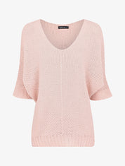 Pull oversize à manches 3/4 et col U - Rose poudré - 1