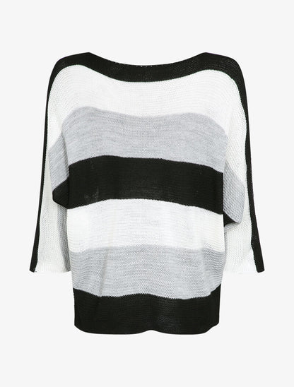 Pull loose à imprimé rayé et manches dolman - Noir - 2