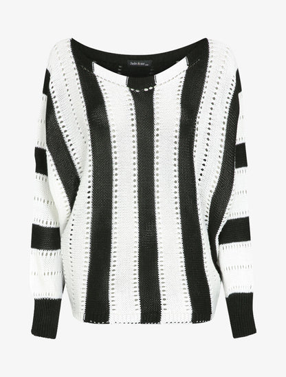 Pull oversize chauve-souris en maille ajourée - Noir/blanc - 4