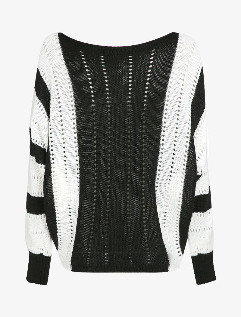 Pull oversize chauve-souris en maille ajourée - Noir/blanc - 2