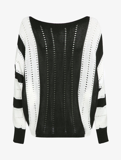 Pull oversize chauve-souris en maille ajourée - Noir/blanc - 2