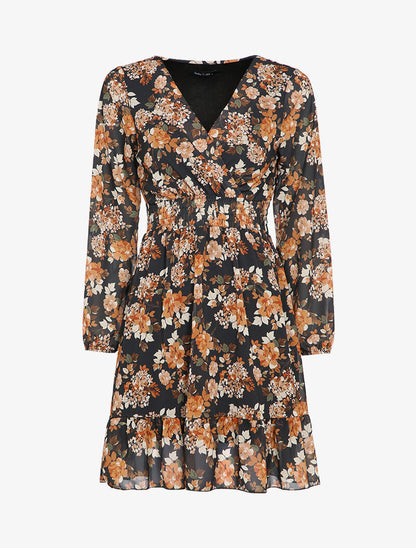 Robe patineuse mi-longue à imprimé fleuri - Noir - 1