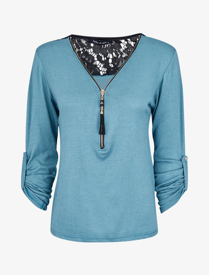 Pull à col zippé et à épaules dentelle - Bleu clair - 4