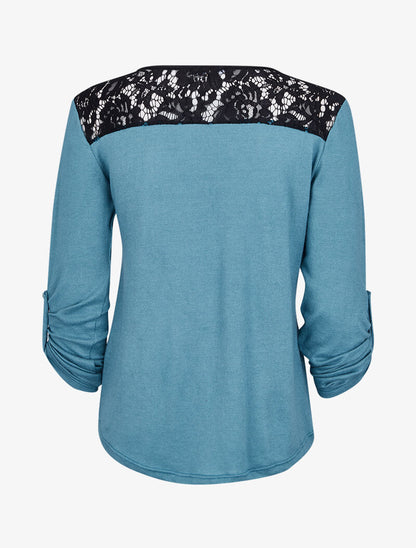 Pull à col zippé et à épaules dentelle - Bleu clair - 2