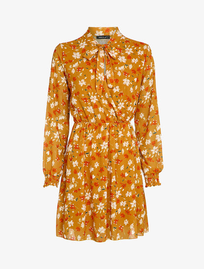 Robe imprimé fleur de lys à col lavallière - Moutarde - 4