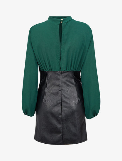 Robe bi-matière drapée à col montant - Vert sapin - 2