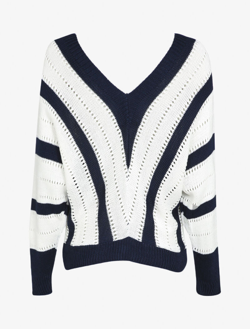 Pull col V à rayures en maille ajourée - Marine - 2