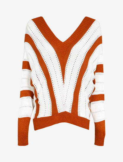 Pull col V à rayures en maille ajourée - Rouille - 1