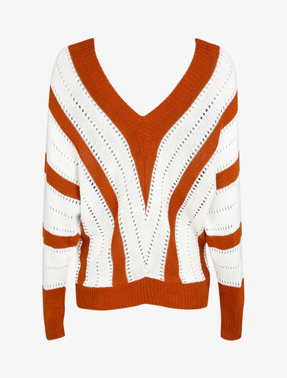 Pull col V à rayures en maille ajourée - Rouille - 2