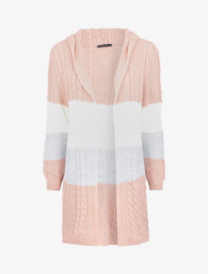 Cardigan à capuche en maille tricot - Rose/blanc/gris - 1