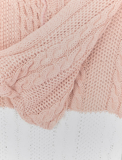 Cardigan à capuche en maille tricot - Rose/blanc/gris - 3