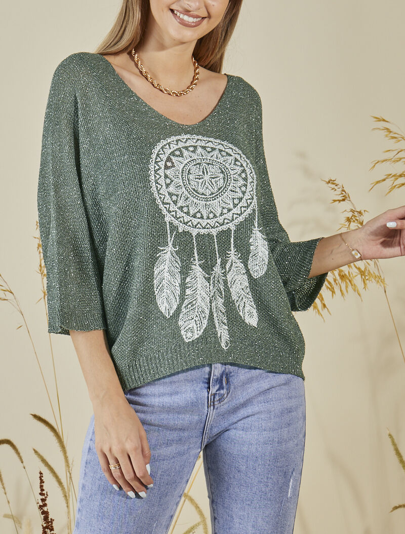 Pull oversize en maille crochet imprimé - Kaki - 1