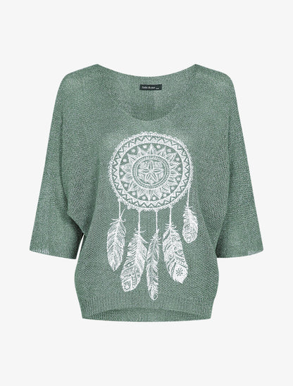 Pull oversize en maille crochet imprimé - Kaki - 2