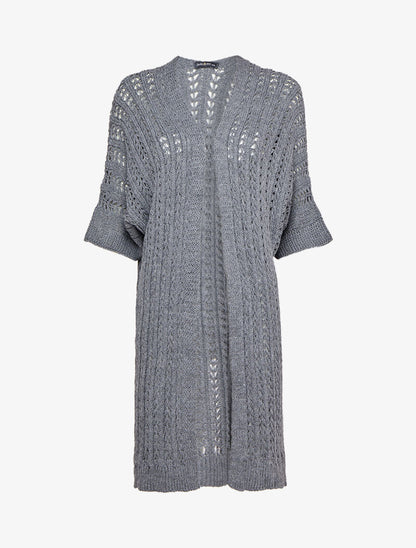Gilet mi-long en maille ajourée à manches courtes style kimono - Gris foncé - 4
