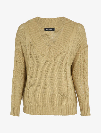 Pull col V à détails tressés - Beige - 1