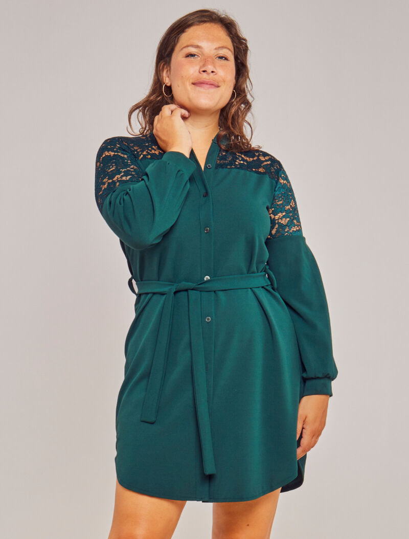 Robe boutonnée à col mao et épaules à dentelle - Vert sapin - 3