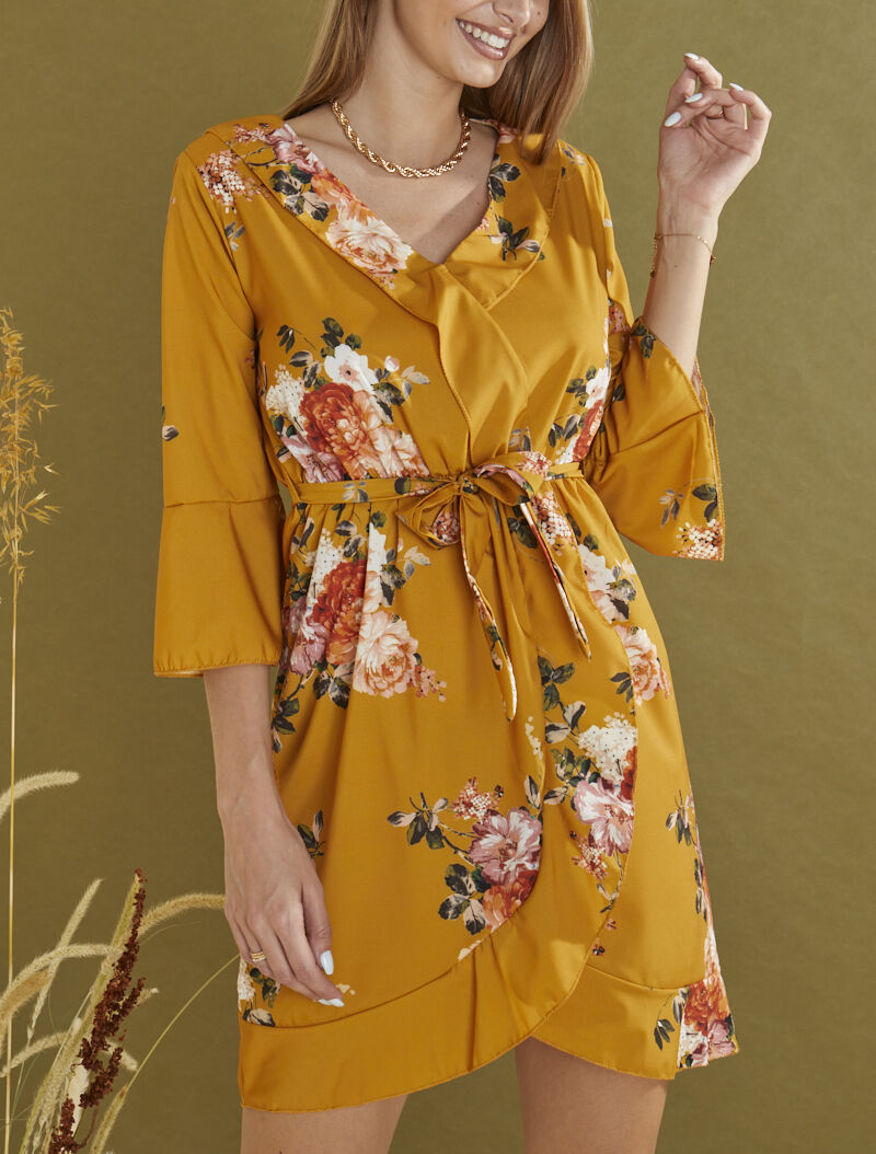 Robe patineuse imprimé à col V - Moutarde - 1