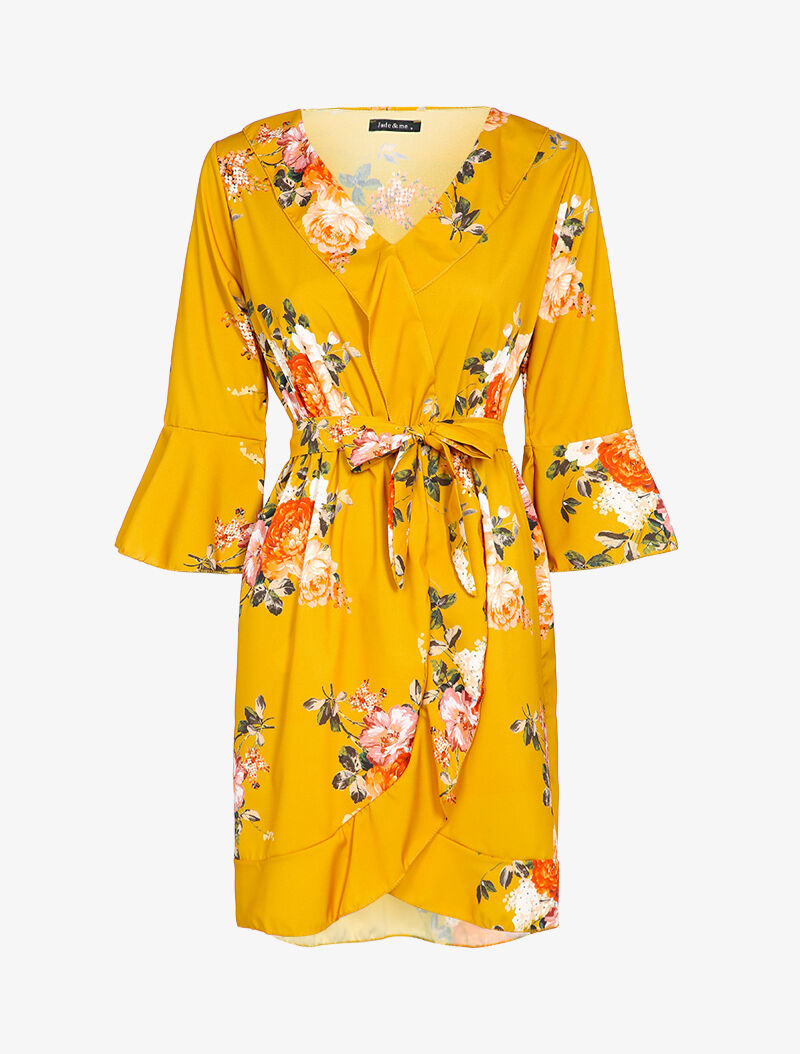Robe patineuse imprimé à col V - Moutarde - 2