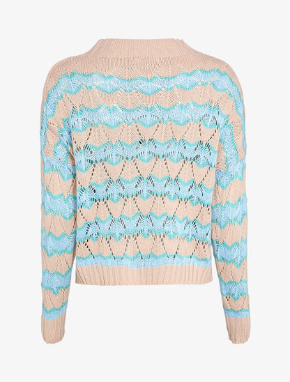 Pull en maille à rayures stylisées et col montant - Rose - 2