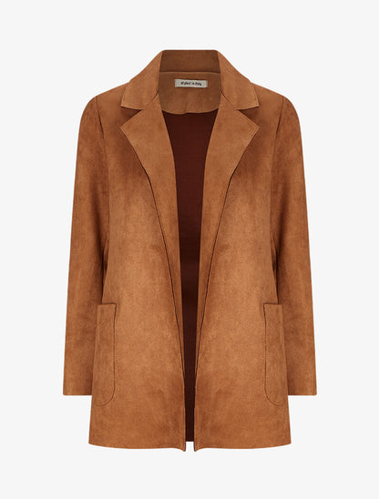 Veste ouverte mi-longue en suédine - Camel - 1