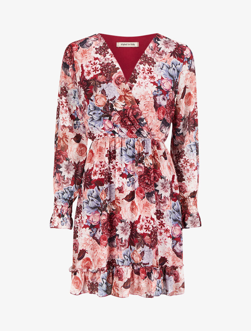 Robe imprimé bouquet de roses à col cache-coeur et volants - Bordeaux - 4