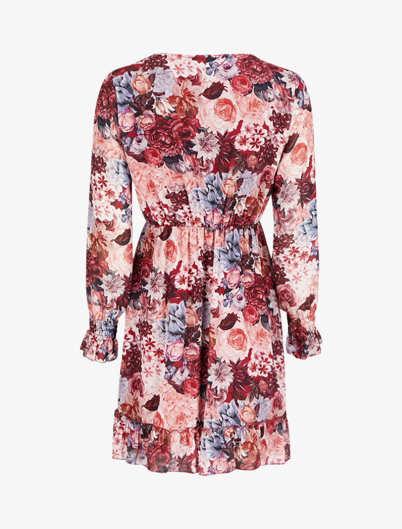 Robe imprimé bouquet de roses à col cache-coeur et volants - Bordeaux - 2