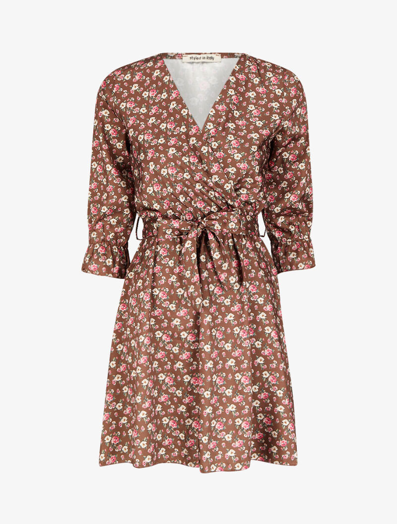 Robe satinée à imprimé petites roses - Marron - 1