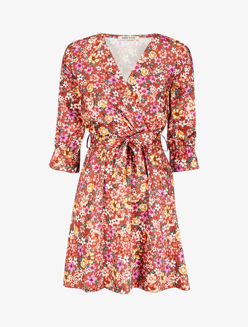 Robe satinée à imprimé à fleurs - Rouille - 1