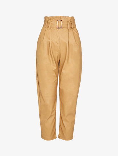 Pantalon carotte à taille empire froncée en simili - Camel - 1