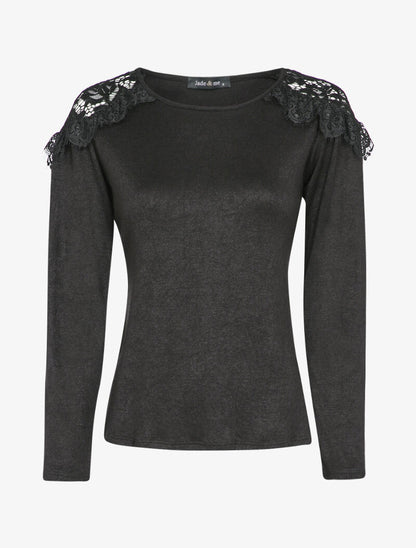 Pull fin à épaules en dentelle volantées - Noir - 4