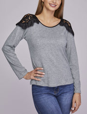 Pull fin à épaules en dentelle volantées - Gris chiné - 1