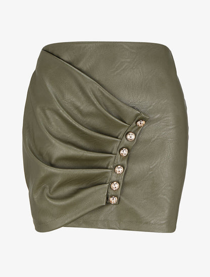Mini-jupe drapée et boutonnée en simili - Kaki - 1