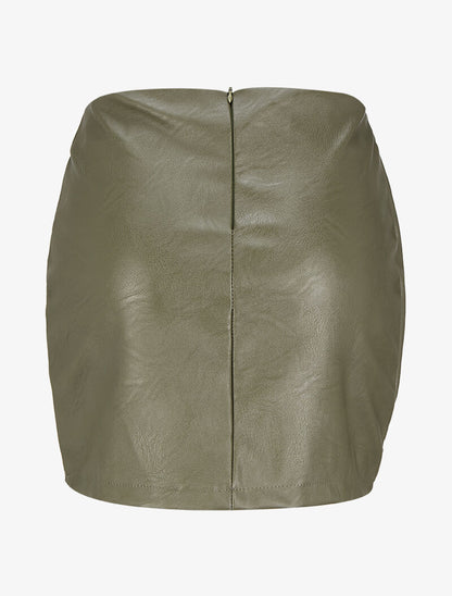 Mini-jupe drapée et boutonnée en simili - Kaki - 2