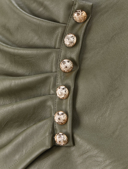 Mini-jupe drapée et boutonnée en simili - Kaki - 3