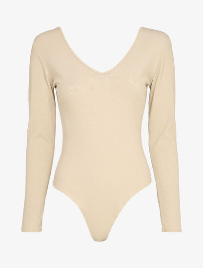 Body côtelé à col et dos en V - Beige - 1