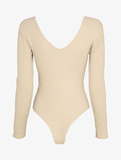 Body côtelé à col et dos en V - Beige - 2