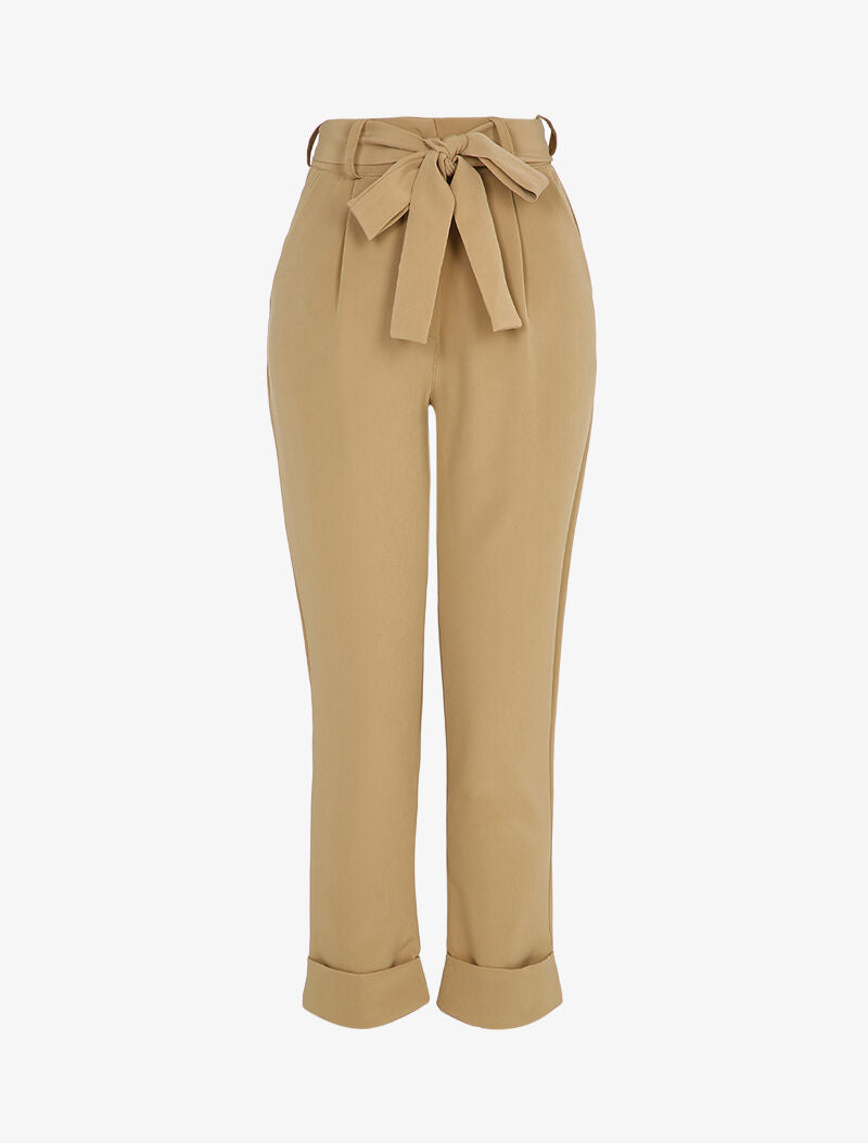 Pantalon taille haute coupe carotte à revers - Beige - 3
