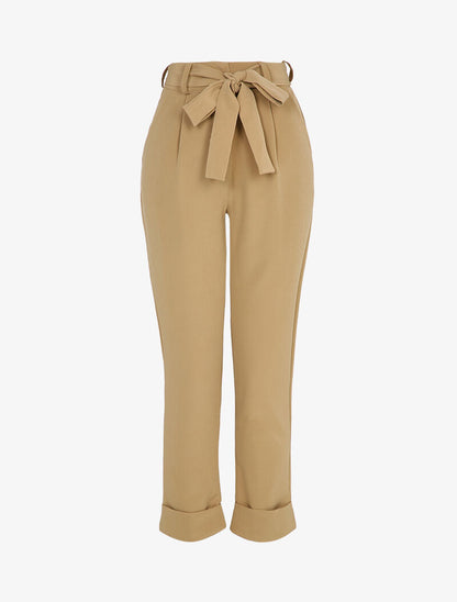 Pantalon taille haute coupe carotte à revers - Beige - 3