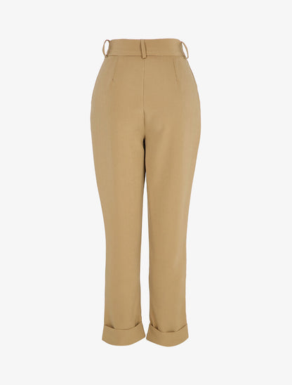 Pantalon taille haute coupe carotte à revers - Beige - 2