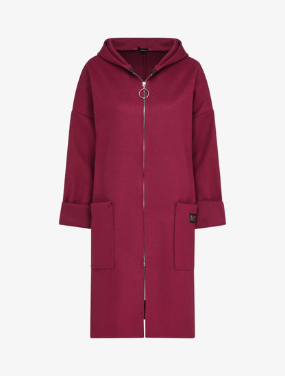 Manteau mi-long à capuche et manches à revers - Bordeaux - 1